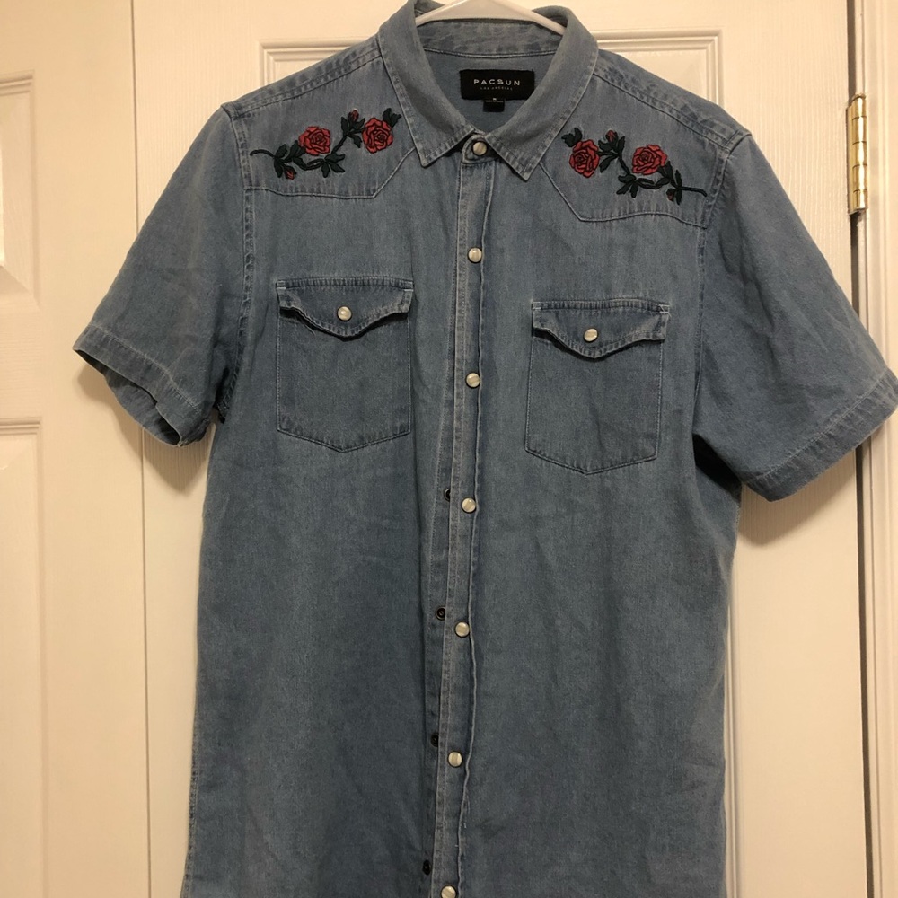 Denim Button Up Shirt With Rose Embroidery